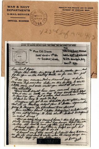 Wwii 106th Division Vmail Letter Apo 443 Nov 1944 Censored 423rd Infantry