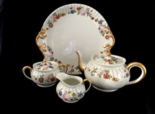 Antq J.  P.  L.  Limoges Hand Painted Floral Teapot,  Cream & Sugar Plate Gold Trim