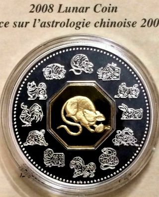 2008 Canada Year Of The Rat $15 Lunar Proof Silver Coin With Case &