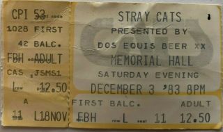 Vintage Stray Cats 1983 Concert Ticket Stub @kc,  Mo Memorial Hall 12/3/83 Rare