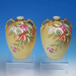 Nippon Hand Painted - Two Handled Floral Decorated Vases - 8 Inches