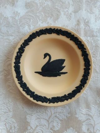 Rare Wedgwood Cane Yellow Jasperware Pin Dish With Black Swan