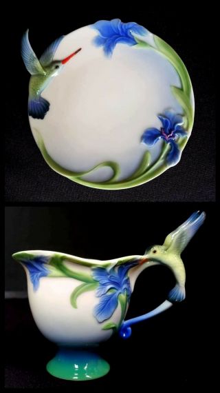 Franz Porcelain Mini Tea Cup Saucer Duo Set Hummingbird And Iris Fz00027 Nwob