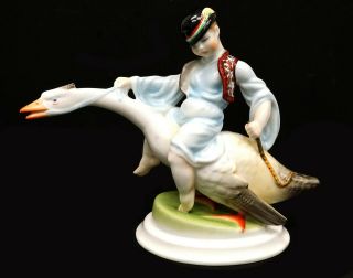 Herend Hand Painted Porcelain 10 " X7.  5 " Figurine 5515 Boy On Goose - Natural