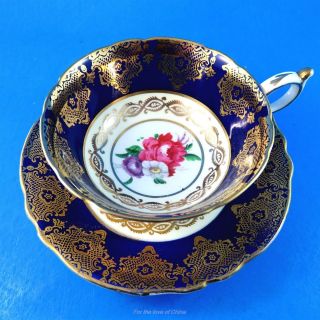 Cobalt And Floral Center Paragon Tea Cup And Saucer (small Gold Loss)