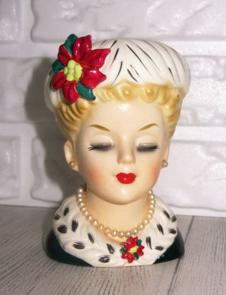 Vintage Christmas Lady Head Vase Pearls Poinsettias 1961 Inarco E - 195/5