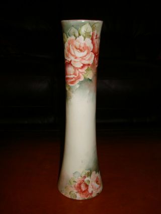 Antique Limoges A.  K.  &d.  France Hand Painted Vase,  Peach Roses,  11 1/2 "