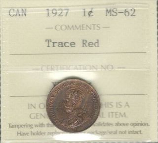 1927 Small Cent Iccs Ms - 62 Trace Red Semi - Key King George V Beauty Canada Penny