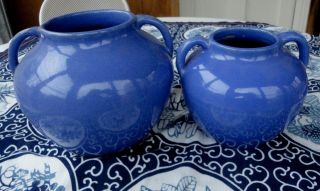 2 Arts Craft Era Blue Zanesville Pottery B17 2 Handle Art Pottery Vase Jardinere