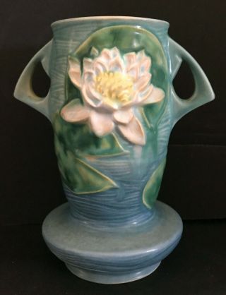 Vintage Roseville Blue Water Lily Vase 75 - 7 American Pottery
