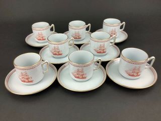 Spode Trade Winds Red Fine Stone Eight (8) Demitasse Espresso Cups & Saucers