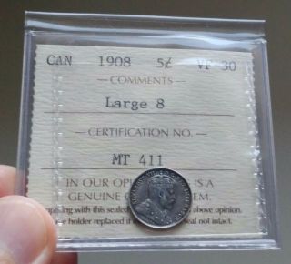 1908 Canada Silver 5 Cents Coin - Iccs Vf - 30 Large 8 - Old Iccs 2 Letter Holder