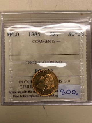1885 Newfoundland $2 Gold Coin - Iccs Au58 - Cert Ec342