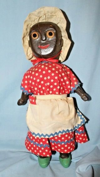 Vintage Handcarved Wood Black Americana Folk Art Doll Hand Made Clothes 16” Tall