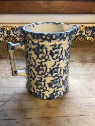 Antique Blue & White Spongeware Pitcher - - Stoneware - - Unusual Pattern