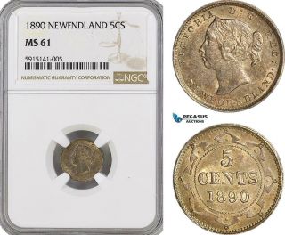 Ag033,  Canada,  Newfoundland,  Victoria,  5 Cents 1890,  Silver,  Ngc Ms61