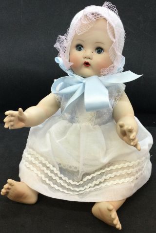 Mbi Posable Porcelain Baby Doll White And Blue Dress With Bonnet