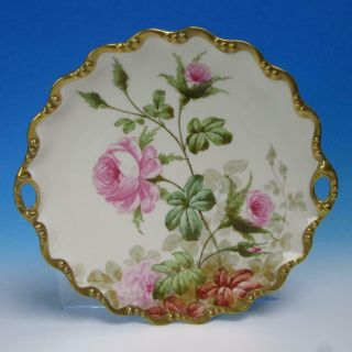 Flambeau Limoges France - Hand Painted Artist Signed Roses - Handled Round Tray