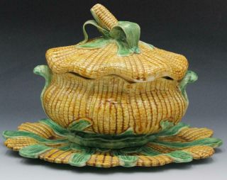 Antique Portuguese Palissy Ware Large Corn Cob Covered Tureen & Platter Majolica
