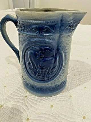 Best Antique Early Large Cobalt Blue Salt Glaze Stoneware Cows Milk Pitcher