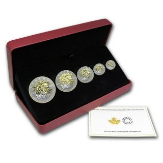 Canada 2014 5 Coin 24 - Karat Gold Plated Pure Silver Maple Leaf Fractional Set