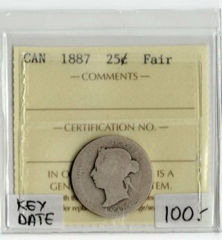 Canada Key Date 1887 25 Cents Iccs Certified Fair Xuv 672