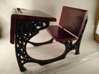 Wood & Scroll Wrought Iron School Desk W/ Inkwell For Dolls Or Display