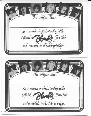 2 Blondie Vintage 1979 Official Fan Club Glossy Membership Cards Debbie Harry