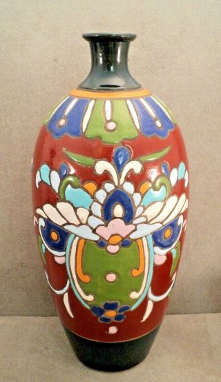 Vtg Art Nouveau 9 " Tall Czech Pottery Vase Burgundy Green Blue Orange - Lyrical