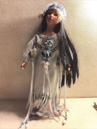 Native American Indian Porcelain Doll W/ Stand 15 "