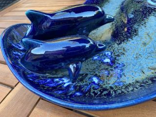 Large Doug Wylie Blue Speckle 2 Dolphin Clayfish California Pottery 21” Platter