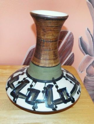 Mid Century Vintage Harsa Israel Pottery Vase Hand Painted Abstract Design.  10.  5 