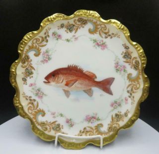 Antique Limoges Fish Plate Hand Painted Artist Signed Scalloped Edge Heavy Gold