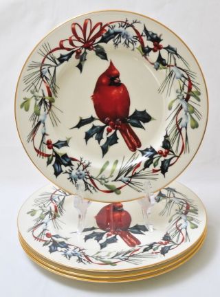 Set 4 Lenox China Winter Greetings 9 - 3/8 " Accent Luncheon Plates Cardinal Bird