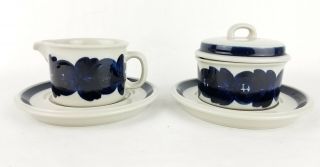 Arabia Of Finland Anemone Blue Creamer & Sugar Bowl W/ Saucers Ulla Procope