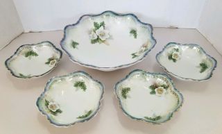 Rare 1910 - 20,  5 Piece Rs Prussia Berry Bowl Set White Flower Blue Accent