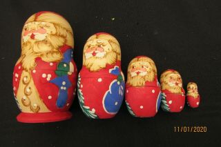 5 - Pc Authentic Russian Nesting Dolls Matryoshka Santa Claus Hand Carved &painted