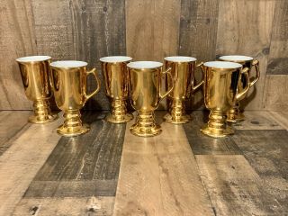 Vintage Hall Irish Coffee Pedestal Mugs 1273 Oven Proof Golden Glo - Set Of 8
