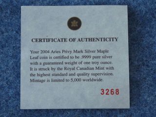 2004 Canada Maple Leaf Aries Zodiac Privy Mark Specimen Reverse Proof Silver 3