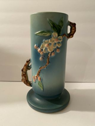 Vintage Roseville Pottery Apple Blossom Blue Vase 387 - 9 Double Handle