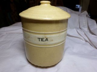 Yellow Ware " Tea " Canister Brush Mccoy Pottery Dandy Line Banded Antique