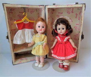 (2) 1956 Vogue Ginny Dolls With Pink Metal Trunk Bend Knee Walkers Tagged Dress