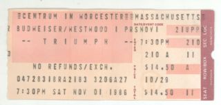 Rare Triumph 11/1/86 Worcester Ma Ticket Stub