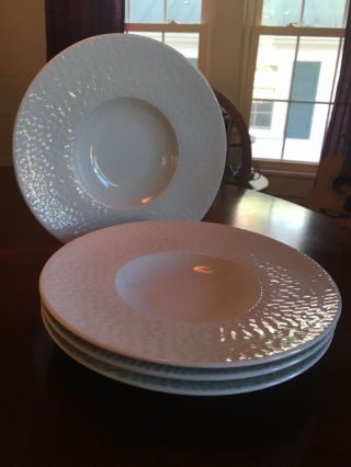 Rare Apilco French White Porcelain Set/4 Soup Plates/bowls Aqua Honeycomb