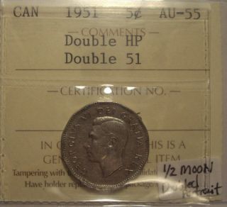 1951 2 X Hp; Doubled 51; 1/2 Moon; Dbld Portrait Five Cents - Iccs Au - 55
