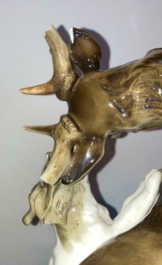 LARGE HUTSCHENREUTHER FIGURINE OF A STAG & HUNTING DOG K.  TUTTER ANTLERS 3