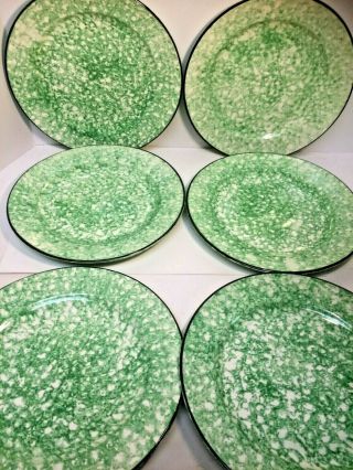 Rare 6 Stangl Green Spongeware Town & Country 10 3/4 " Dinner Plates Black Rim