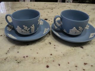 Vintage Wedgwood Blue Jasperware 2) Cups & Saucer Neoclassic Motif - Euc