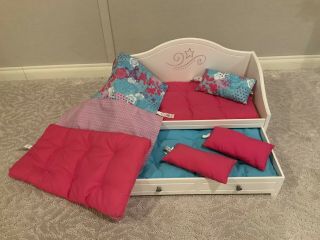 American Girl Doll White Trundle Bed W 2 Bedding Set Retired