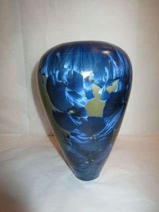 Tim Marcotte Blue Pansies Crystalline Glaze Studio Pottery Vase 10 " Signed